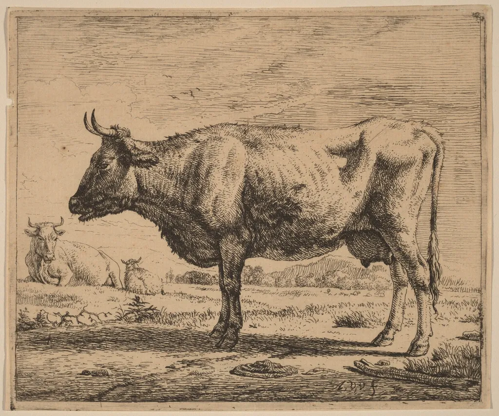 Two Cows and a Sheep, by Adriaen van de Velde, ink, 1658