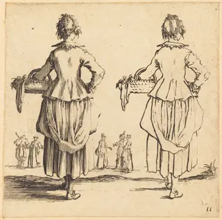 Peasant Woman with Basket, Seen from Behind, by Jacques Callot, ink, 1622