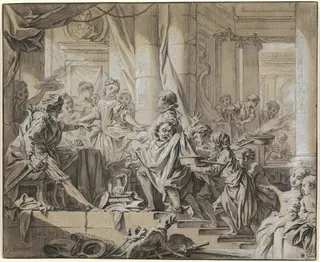 Sancho Fleeing from the Servants of the Duke, by François Boucher, chalk, 1736