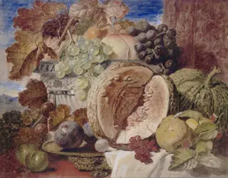 Still life with melons, grapes and other fruit, by George Lance, watercolor, 1850