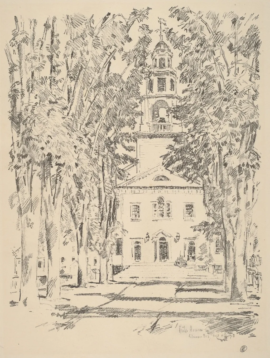 Colonial Church, Gloucester, by Childe Hassam, ink, 1918