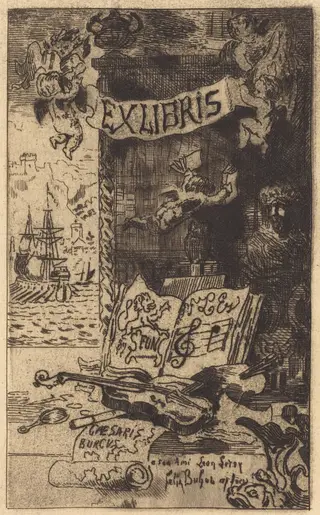 Ex-libris de Léon Lerey (Ex-libris of Leon Lerey), by Félix-Hilaire Buhot, ink, 1876