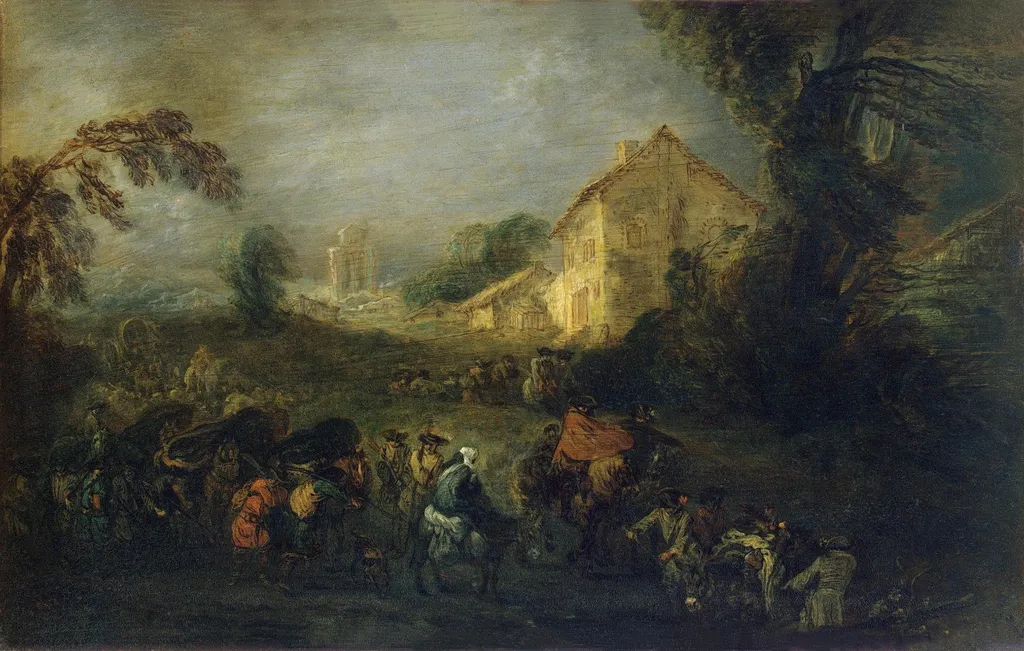 Hardships of War, by Jean Antoine Watteau, oil, 1715