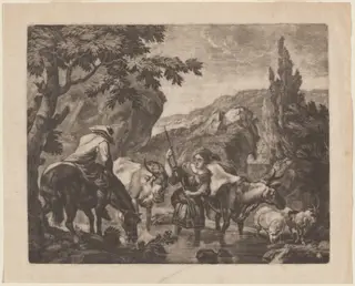Cattle Fording a Stream, by Robert Robinson, ink, 1690