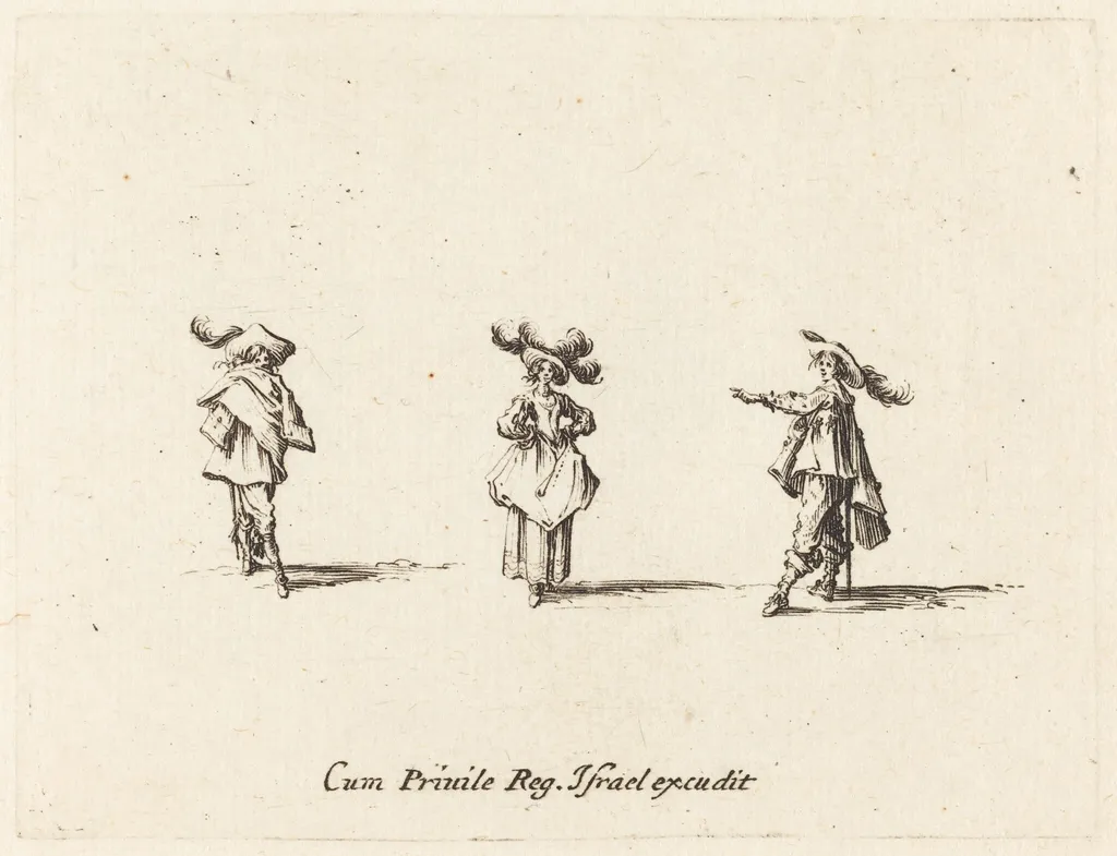 Lady with Large Plumes, and Two Gentlemen, by Jacques Callot, ink, 1634