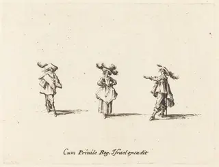Lady with Large Plumes, and Two Gentlemen, by Jacques Callot, ink, 1634