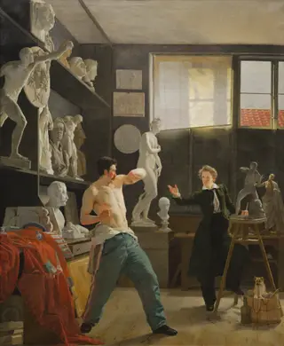 A Sculptor in his Studio Working from the Life, by Wilhelm Bendz, oil, 1827