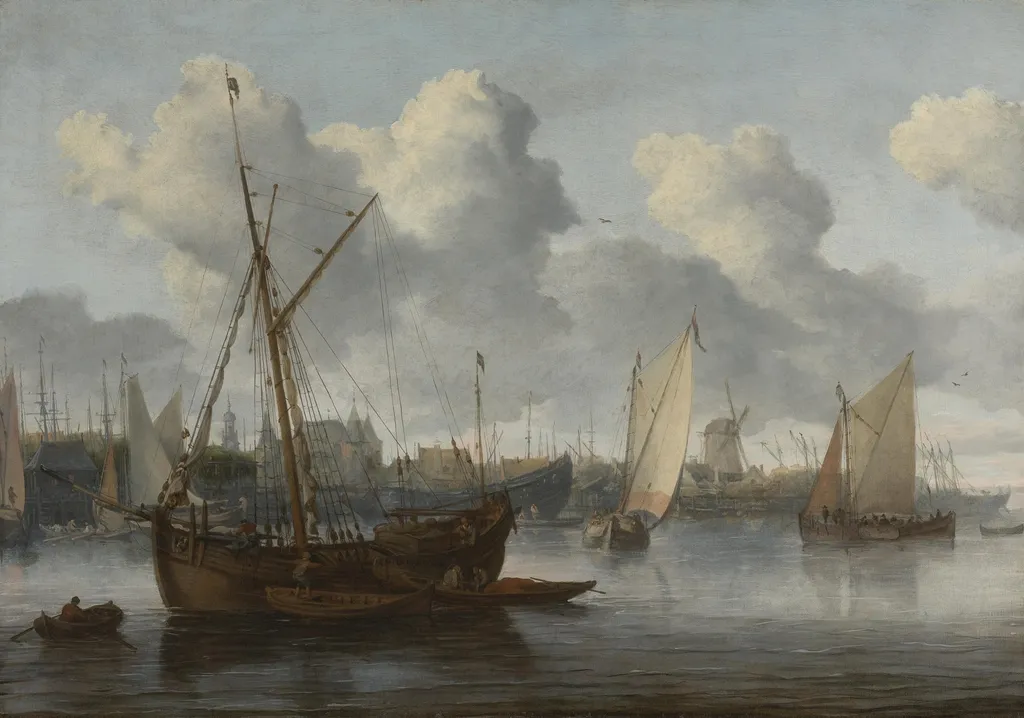 Fishing boats in a harbor, by Allart van Everdingen, oil, 1662