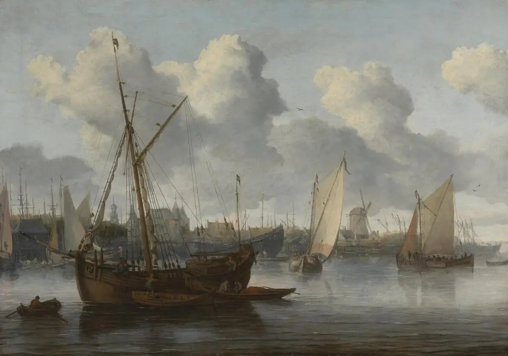 Fishing boats in a harbor, by Allart van Everdingen, oil, 1662