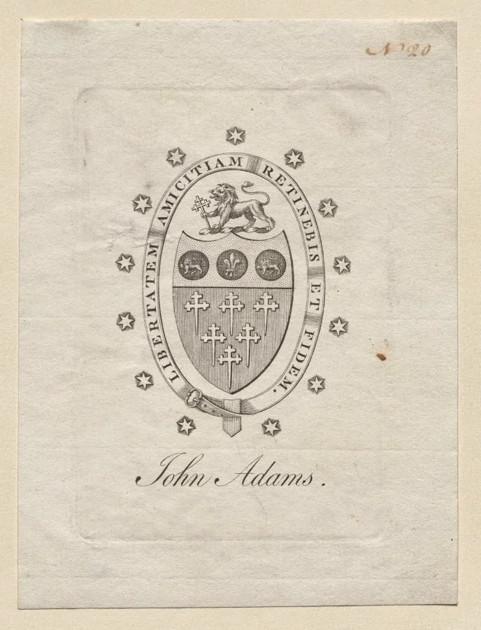 Bookplate: Coat of Arms with John Adams inscribed below, detail