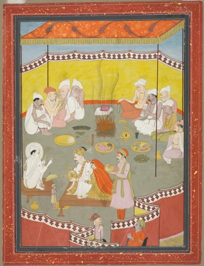 King Bali gives a gift of land to Vamana, detail