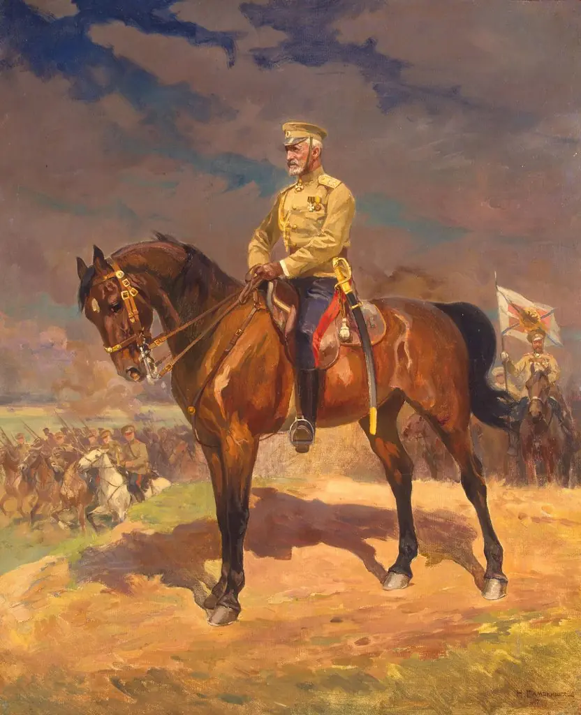 Portrait of Grand Duke Nikolai Nikolayevich (the Younger) on Horseback, by Nikolai Samokysh, oil, 1915