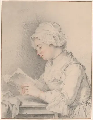 Young Girl Reading, by Jacques André Portail, chalk, 1740