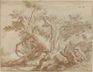 Landscape with Seated Figure and Dog, by Abraham Bloemaert, chalk, 1620