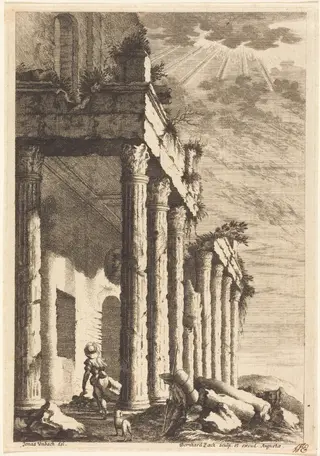 Travelers beside a Ruined Portico, by Bernhard Zaech, ink, 1650