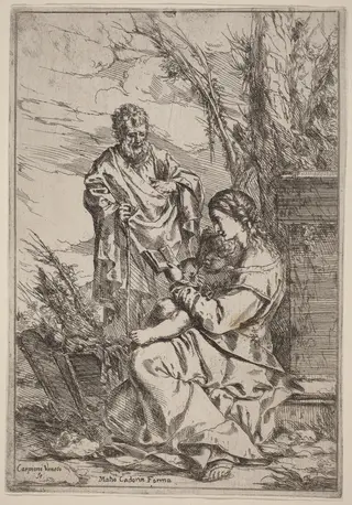 Holy Family with the Virgin Reading, by Giulio Carpioni, ink, 1646