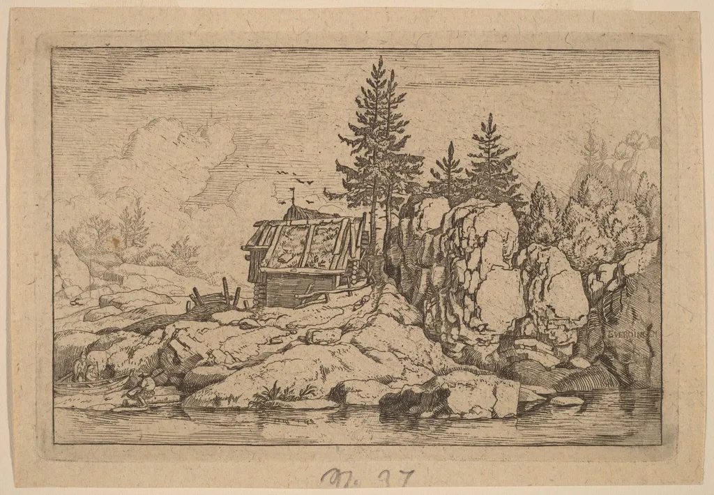 Two Fir Trees near Cottages, by Allart van Everdingen, ink, 1650