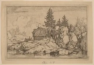 Two Fir Trees near Cottages, by Allart van Everdingen, ink, 1650