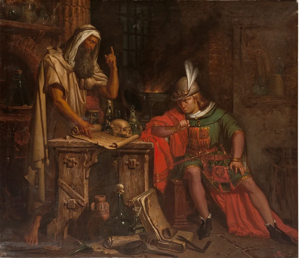 Don Pedro I de Castilla consulta su horóscopo a un moro sabio de Granada llamado Ben-Agatim, by Federico González y Tave, oil, 1864