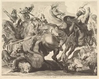 A Lion Hunt, by Jonas Suyderhoff, ink, 1650