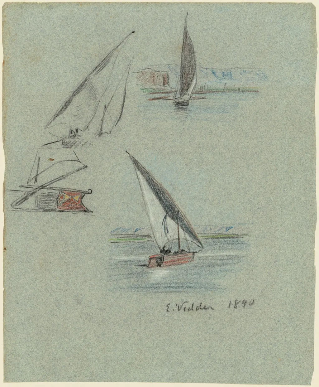 Nile Journey, Feluccas (recto), by Elihu Vedder, chalk, 1890