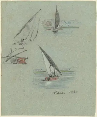 Nile Journey, Feluccas (recto), by Elihu Vedder, chalk, 1890