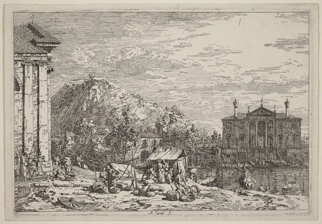 The Market at Dolo, by Canaletto, ink, 1740