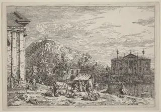 The Market at Dolo, by Canaletto, ink, 1740
