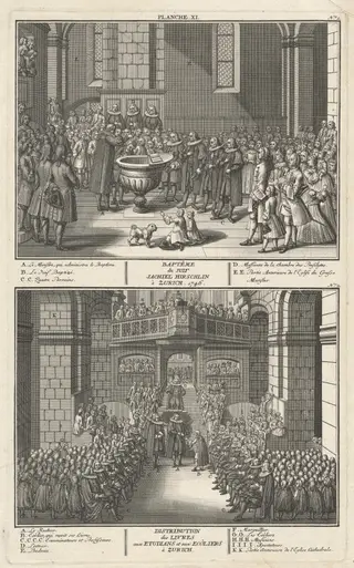 Baptême du Juif Jachiel Hirschlin à Zurich. 1746; Distribution des Livres avec Etudians et aux Ecôliers à Zurich (Baptism of Jachiel Hirschlin and Distribution of the Books), by David Herrliberger, ink, 1751