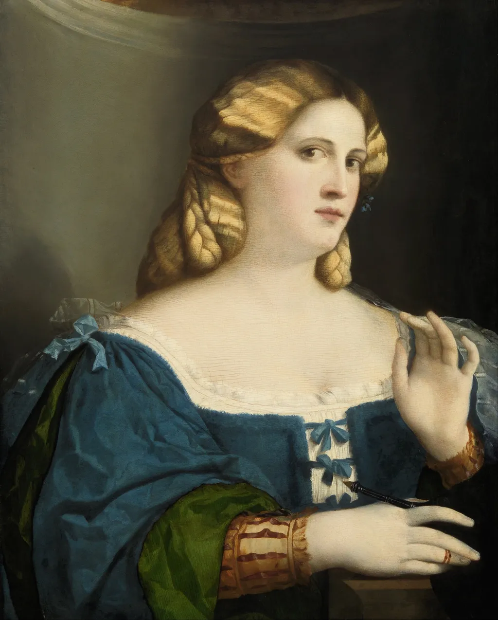 Young Woman in blue Gown with Feather, by Palma Vecchio, oil, 1513
