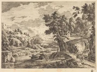 Landscape with a Bridge and Three Farm Buildings, by Georg Eisenmann, ink, 1772