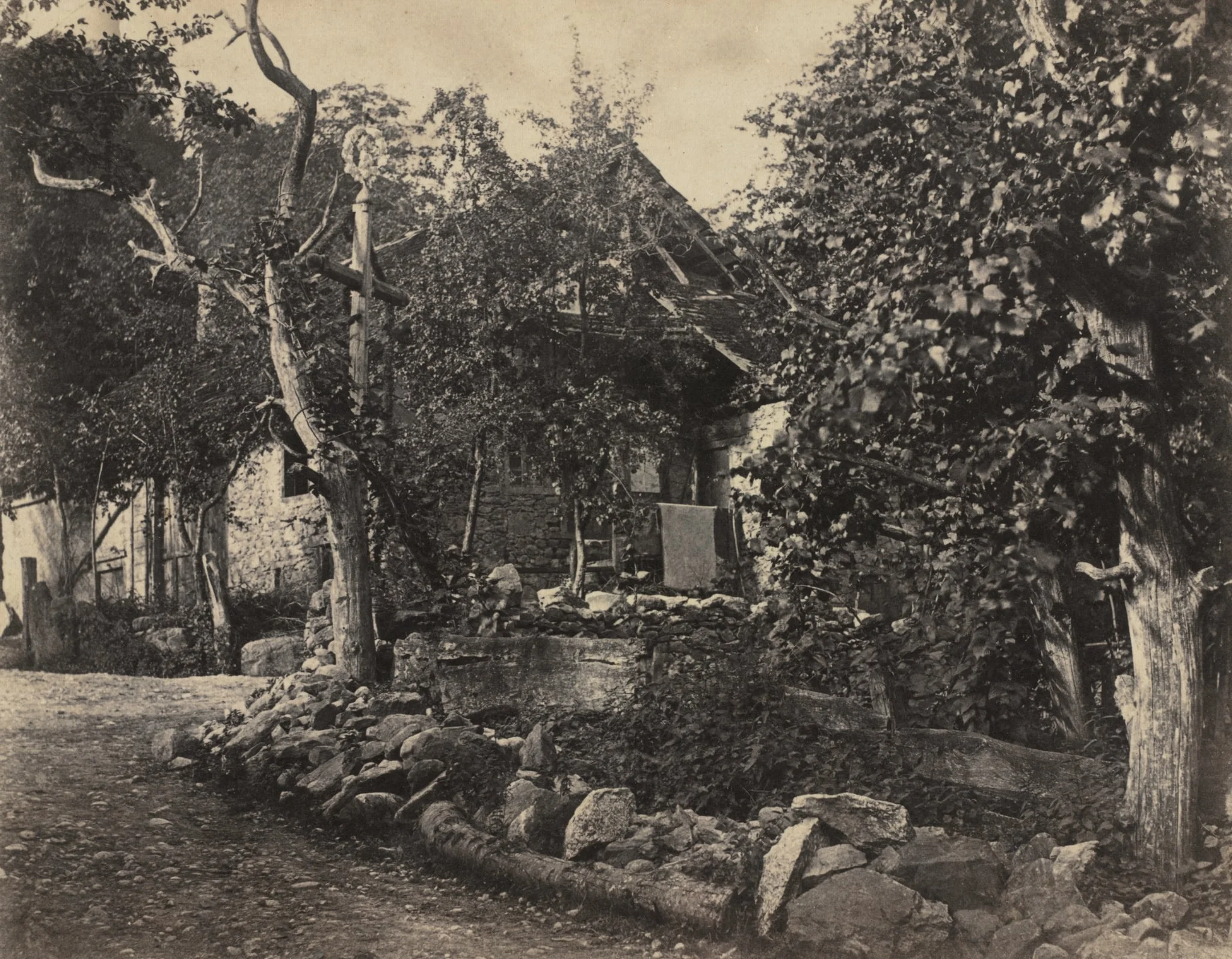 Rural Scene with Stone Building and Cross, detail