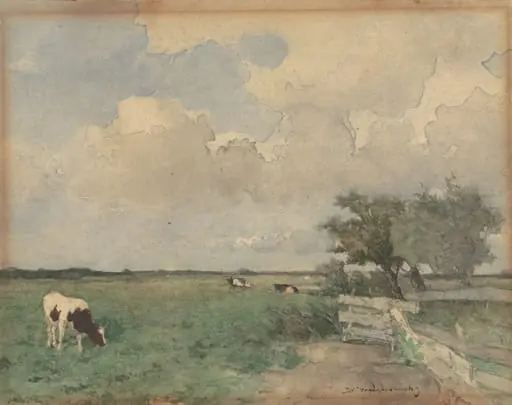 Landscape with a Cow, by Jan Hendrik Weissenbruch, watercolor, 1880