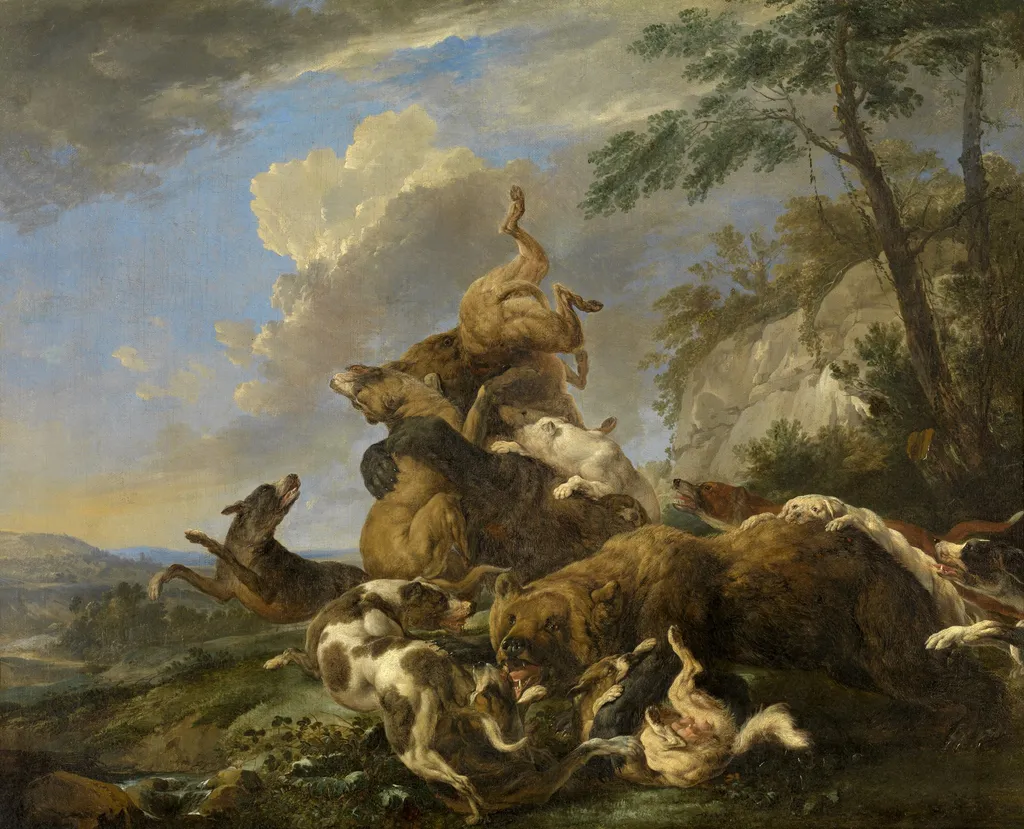 Bear Hunt, by Carl Borromäus Andreas Ruthart, oil, 1700