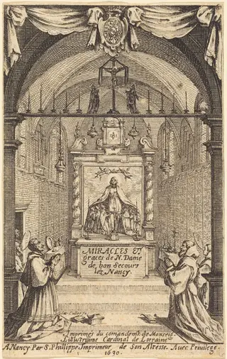 Frontispiece for the Miracles and Graces of Our Lady of "Bon-Secours-les-Nancy", by Jacques Callot, ink, 1630
