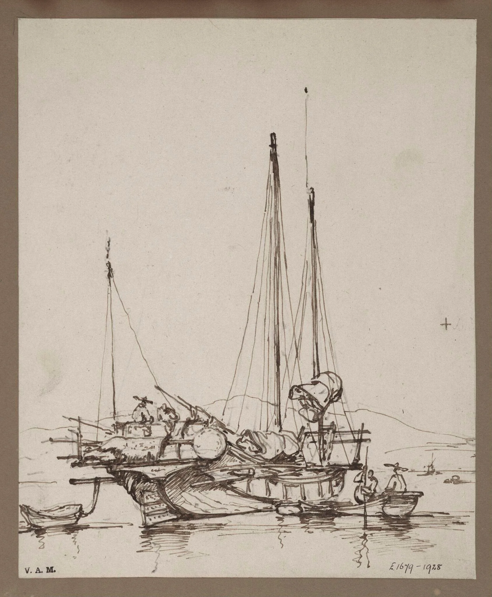 A drawing by George Chinnery of aA Chinese junk, with figures aboard and small craft alongside, detail