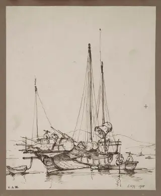 A drawing by George Chinnery of aA  Chinese junk, with figures aboard and small craft alongside, by George Chinnery, 19