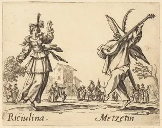 Riciulina and Metzetin, by Jacques Callot, ink, 1622