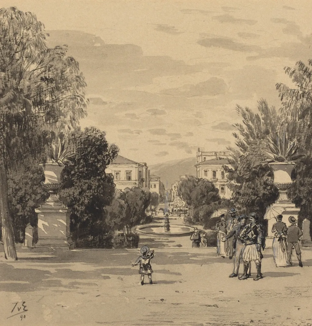 View from the Old Royal Palace of the Hermesstreet, by Themistocles von Eckenbrecher, ink, 1890