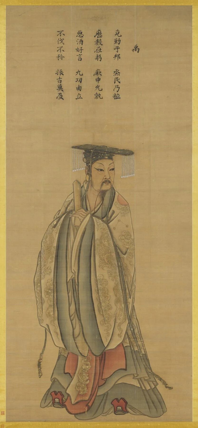 夏禹王立像 軸, detail