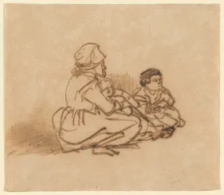 Woman Seated on the Ground with Two Children, by Rembrandt van Rijn, ink, 1638