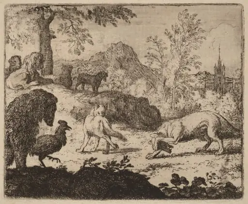 Reynard Blinds the Wolf in One Eye, by Allart van Everdingen, ink, 1650