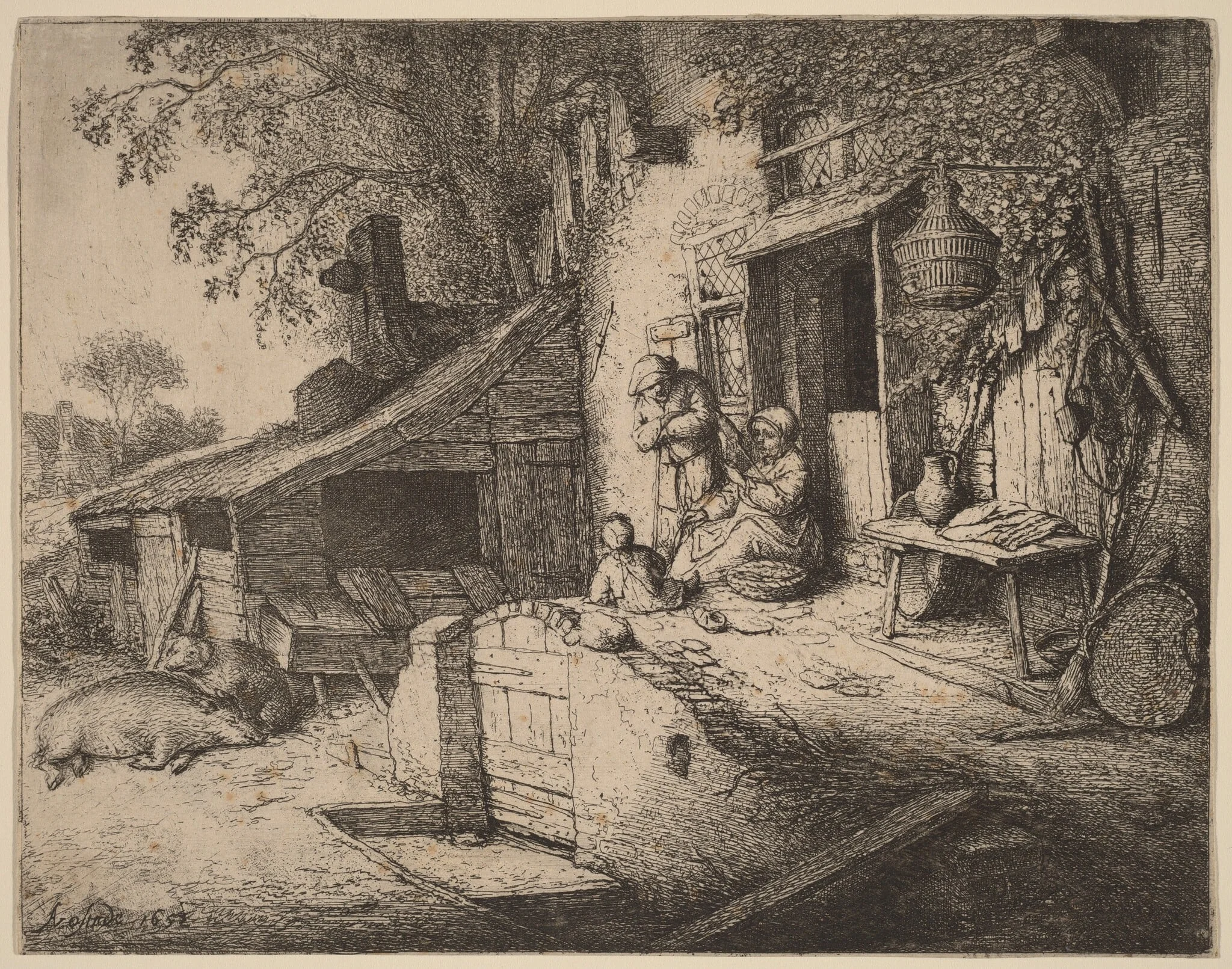 Farmstead wtih a Peasant Family Outside the Front Door, the Woman Spinning, detail