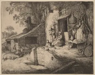 Farmstead wtih a Peasant Family Outside the Front Door, the Woman Spinning, by Adriaen van Ostade, ink, 1652