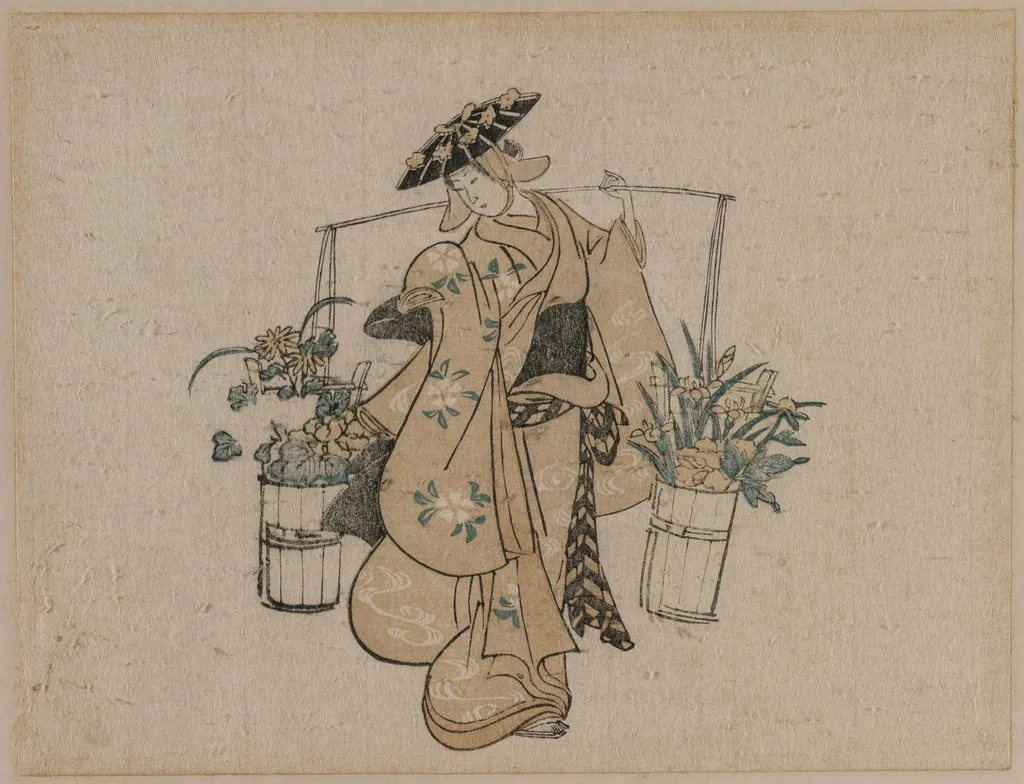 A Beauty Carrying Two Buckets of Flowers, by Torii Kiyomasu I, 1706