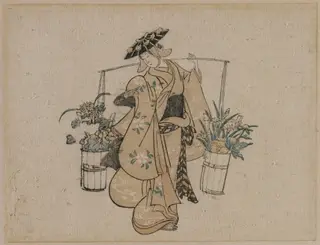 A Beauty Carrying Two Buckets of Flowers, by Torii Kiyomasu I, 1706
