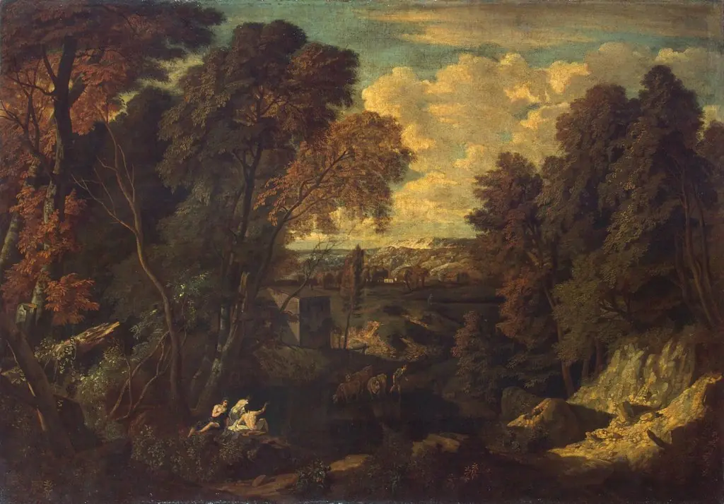 Landscape with a Ruined Tower, by Cornelis Huysmans, oil, 1698