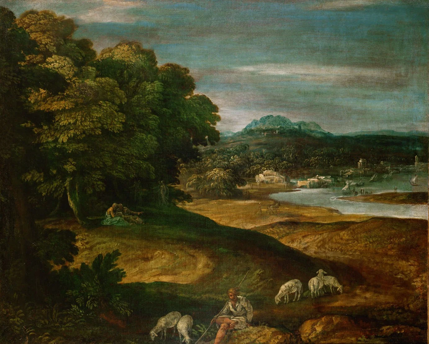 Landschaft mit Hirten und Schafen, detail