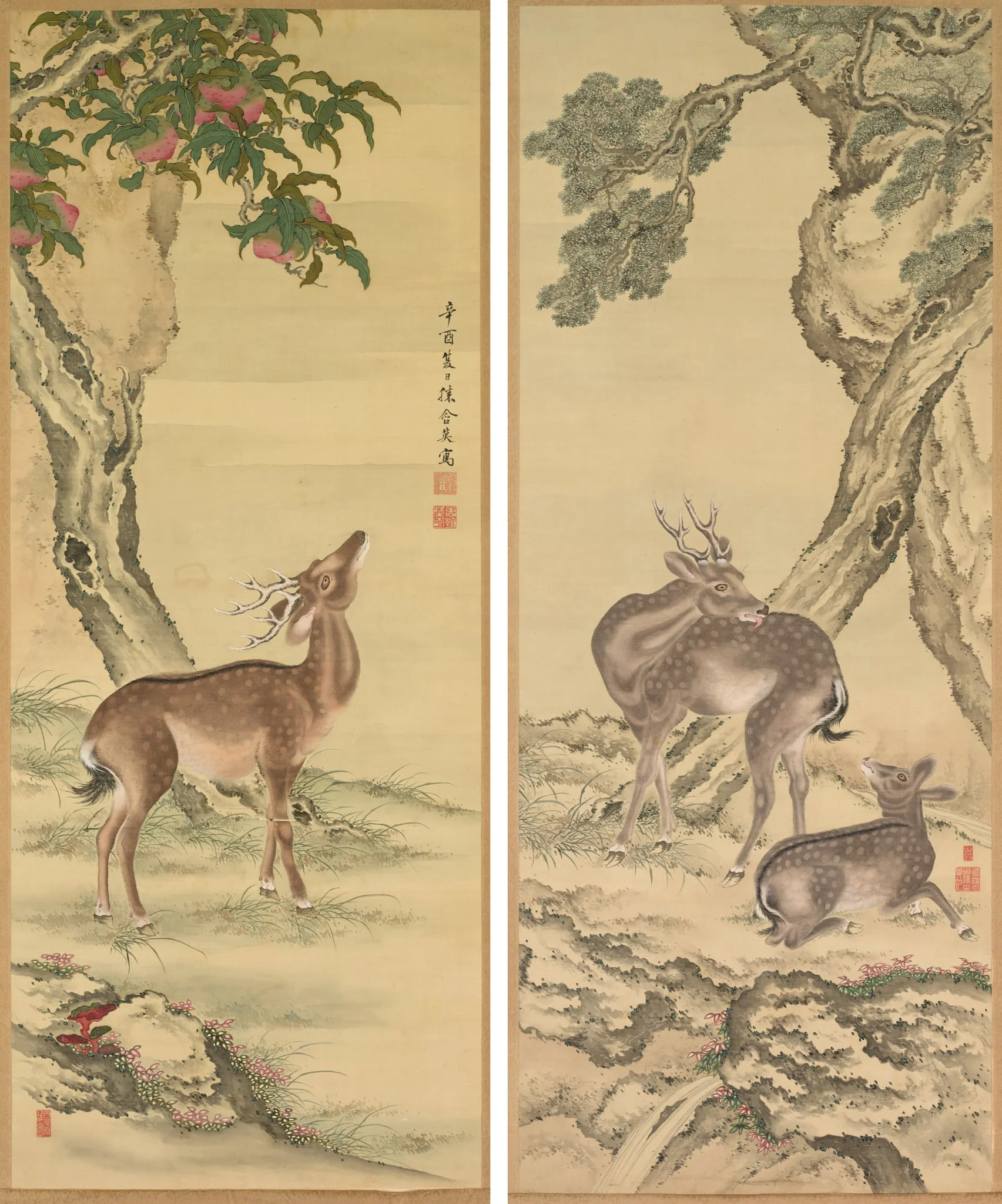 Symbols of Longevity: Deer under Peach and Pine, detail