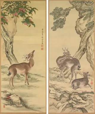 Symbols of Longevity: Deer under Peach and Pine, by Toda Tadanaka, unspecified, 1801